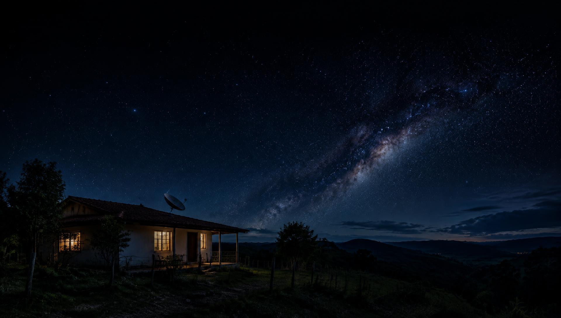 Casa no campo conectada sob céu estrelado
